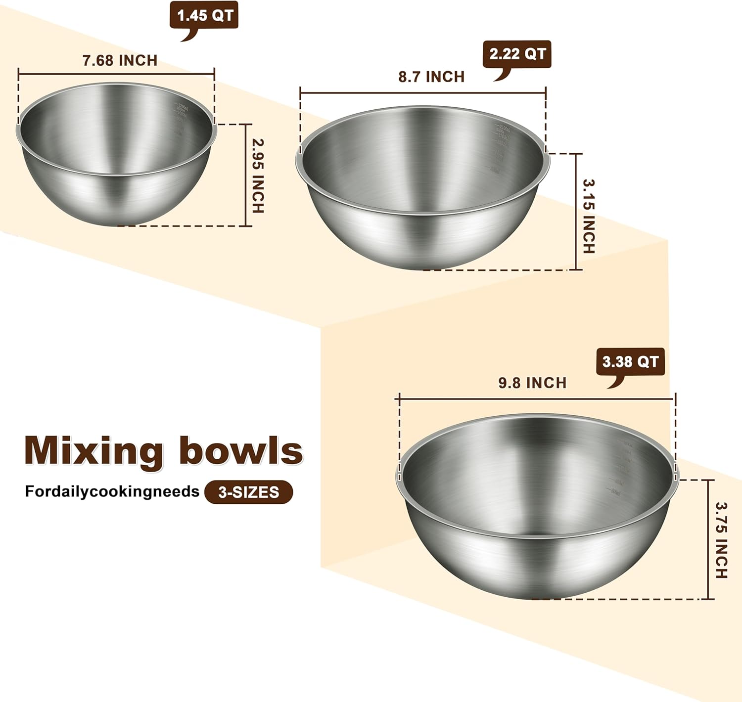 Stainless Steel Mixing Bowls Set of 3 – Food Grade 304 – Nesting Design – Dishwasher Safe for Baking, Salad Prep & Cooking – Sizes 1.5, 2.2, 3.4 Quarts - Image 3