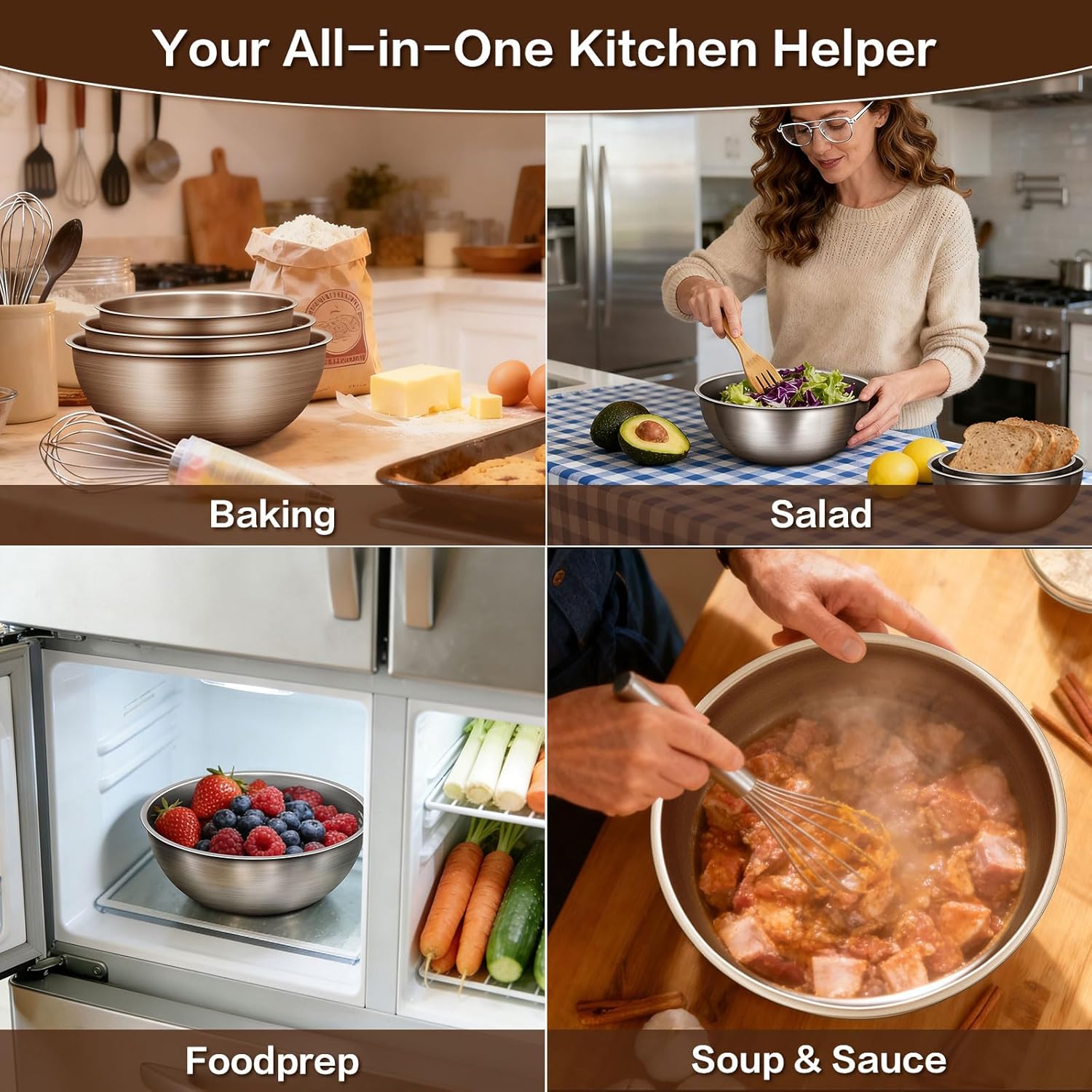 Stainless Steel Mixing Bowls Set of 3 – Food Grade 304 – Nesting Design – Dishwasher Safe for Baking, Salad Prep & Cooking – Sizes 1.5, 2.2, 3.4 Quarts - Image 4