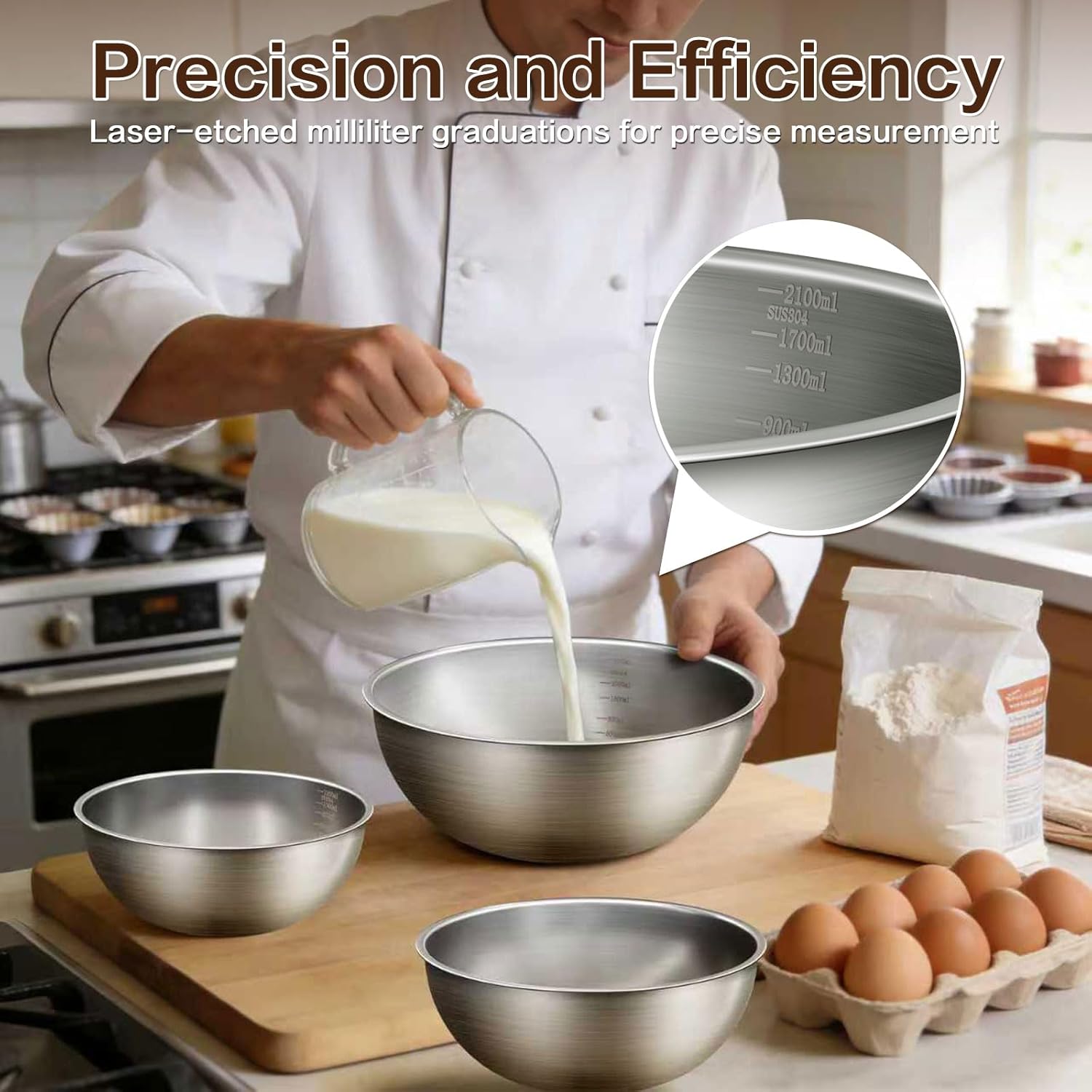 Stainless Steel Mixing Bowls Set of 3 – Food Grade 304 – Nesting Design – Dishwasher Safe for Baking, Salad Prep & Cooking – Sizes 1.5, 2.2, 3.4 Quarts - Image 5