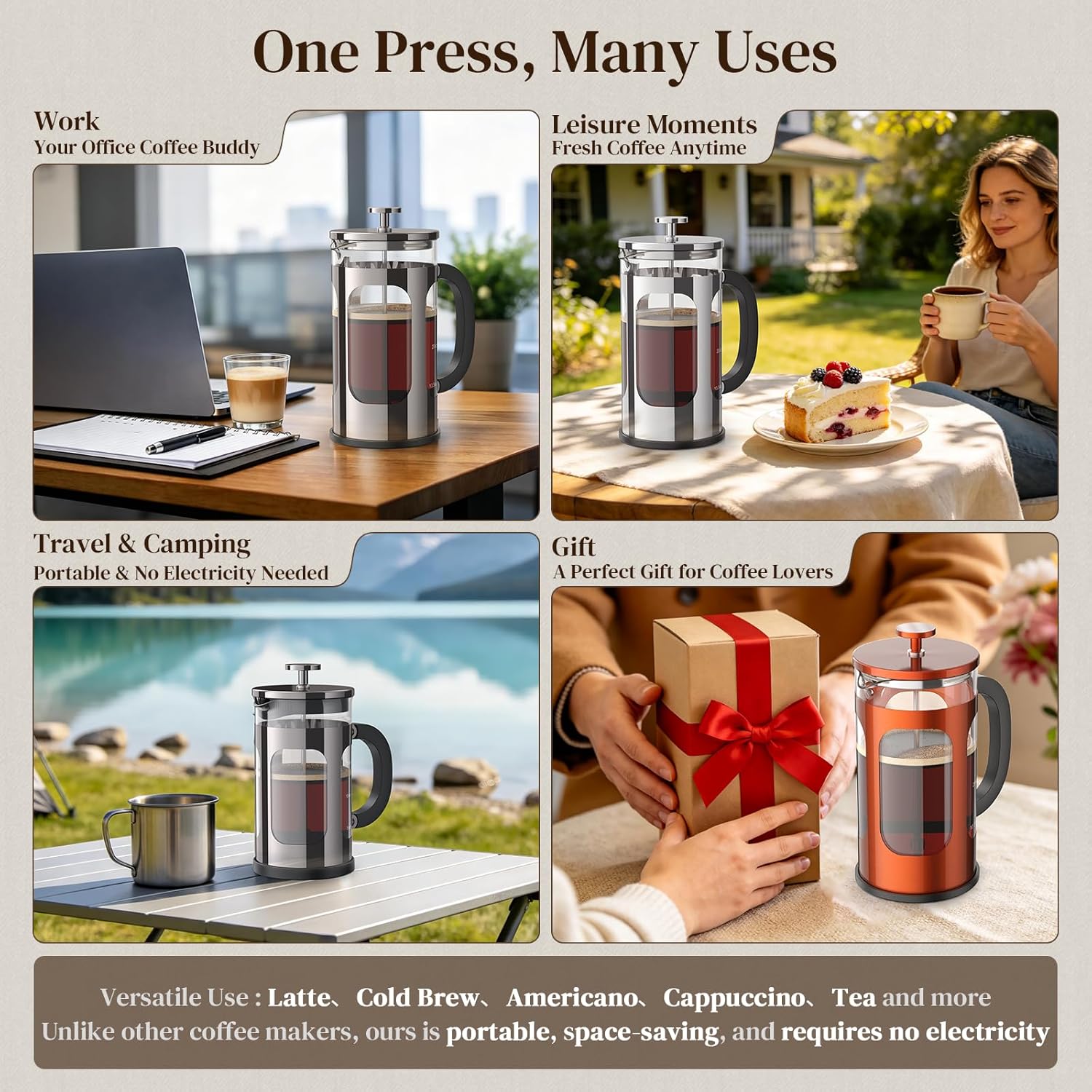 French Press Coffee Maker 34oz – No Plastic Touching Coffee – Thickened Glass Stainless Steel Brewer – Cold Brew Cafetera & Teapot – for Kitchen, Travel, Camping, Gifts, Decor, Bar Accessories – Dark Pewter - Image 3