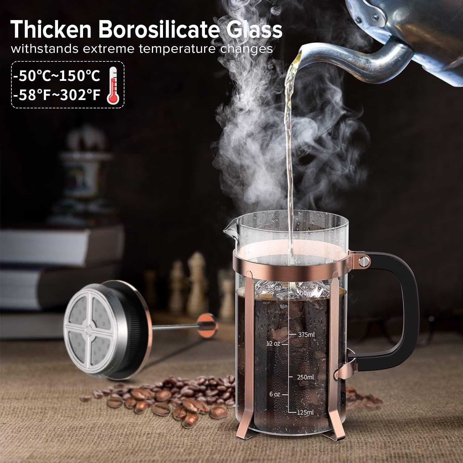 Coffee Maker 304 Stainless Steel French Press with 4 Filters – Heat Resistant & Durable – Easy to Clean – Borosilicate Glass Coffee Press – 100% BPA Free Teapot – 21 Ounce – Copper - Image 2