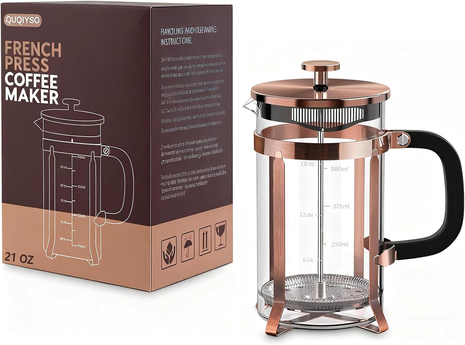 Coffee Maker 304 Stainless Steel French Press with 4 Filters – Heat Resistant & Durable – Easy to Clean – Borosilicate Glass Coffee Press – 100% BPA Free Teapot – 21 Ounce – Copper - Image 4