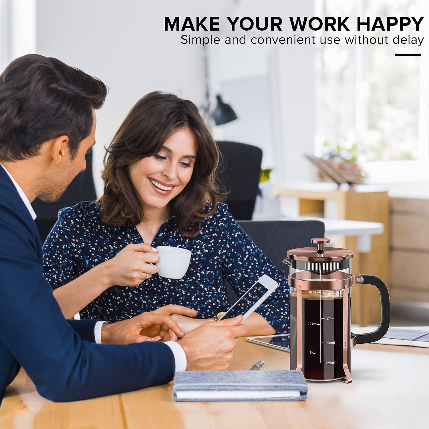 Coffee Maker 304 Stainless Steel French Press with 4 Filters – Heat Resistant & Durable – Easy to Clean – Borosilicate Glass Coffee Press – 100% BPA Free Teapot – 21 Ounce – Copper - Image 5