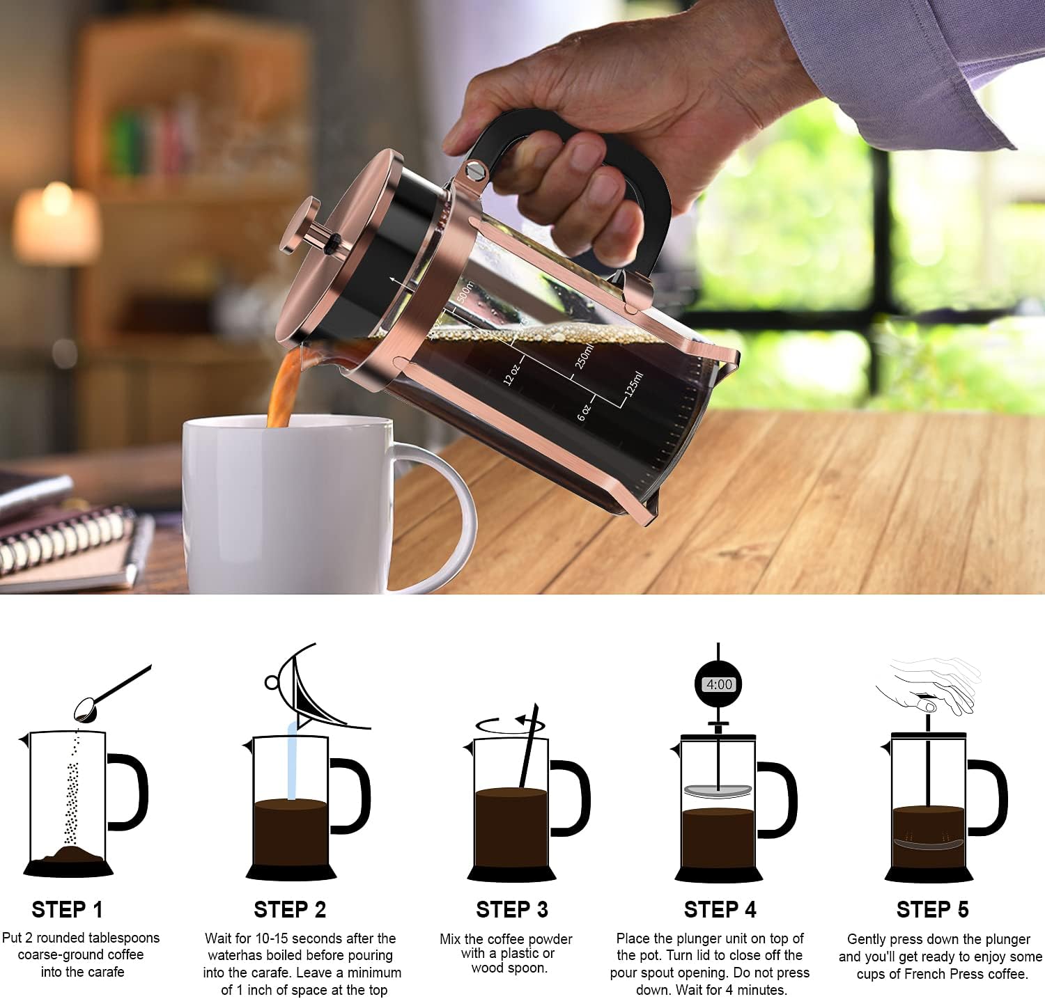 Coffee Maker 304 Stainless Steel French Press with 4 Filters – Heat Resistant & Durable – Easy to Clean – Borosilicate Glass Coffee Press – 100% BPA Free Teapot – 21 Ounce – Copper - Image 6
