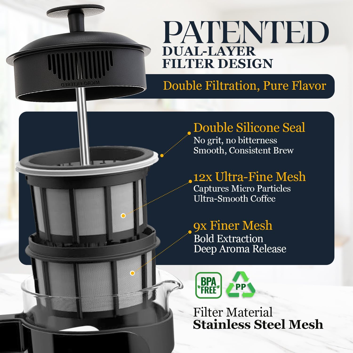 Light P3 French Press Coffee Maker – Patented Double Micro Filter for Grit Free Brew – Heat Resistant Thicker Borosilicate Glass Coffee Press – Black, 32 Ounce - Image 3