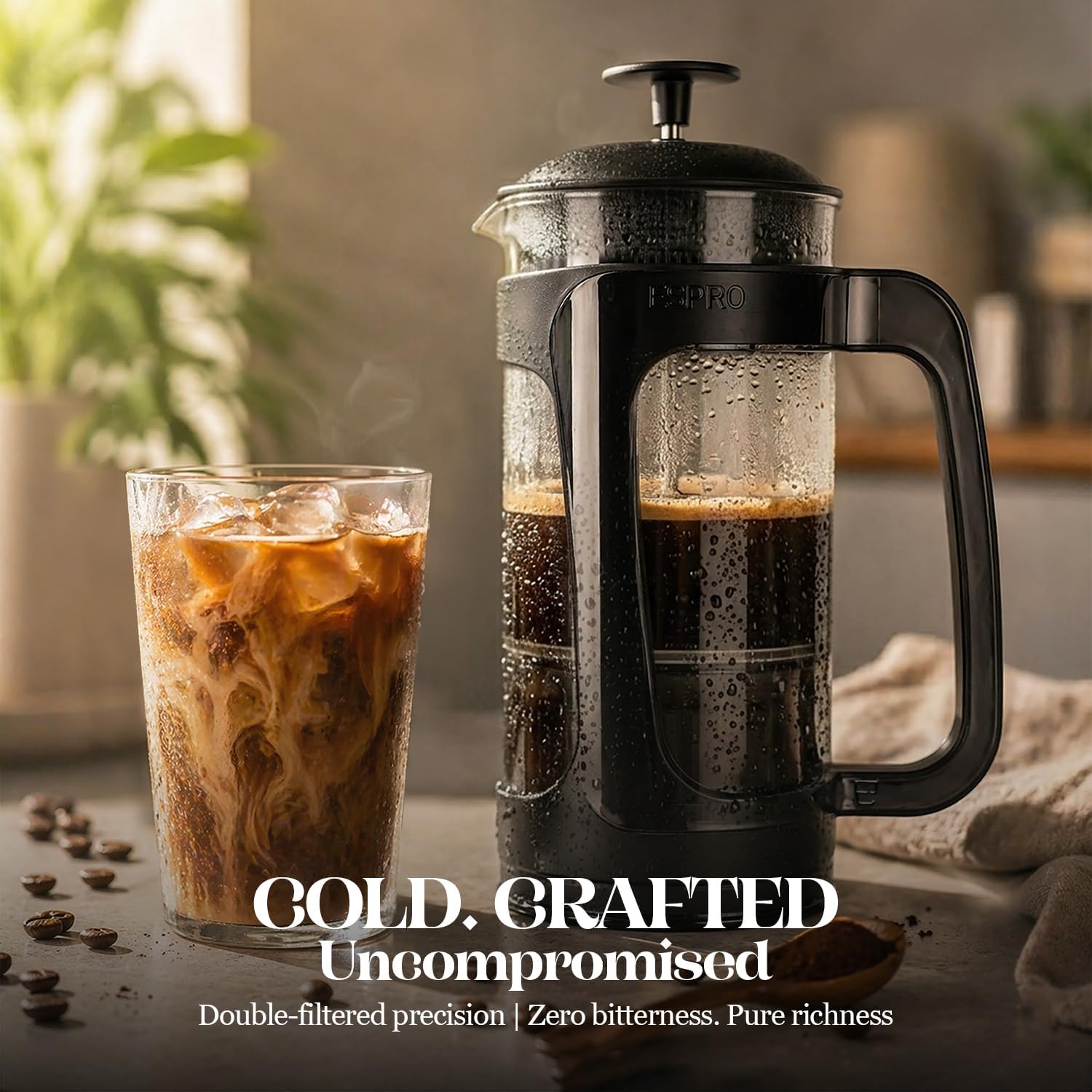 Light P3 French Press Coffee Maker – Patented Double Micro Filter for Grit Free Brew – Heat Resistant Thicker Borosilicate Glass Coffee Press – Black, 32 Ounce - Image 4