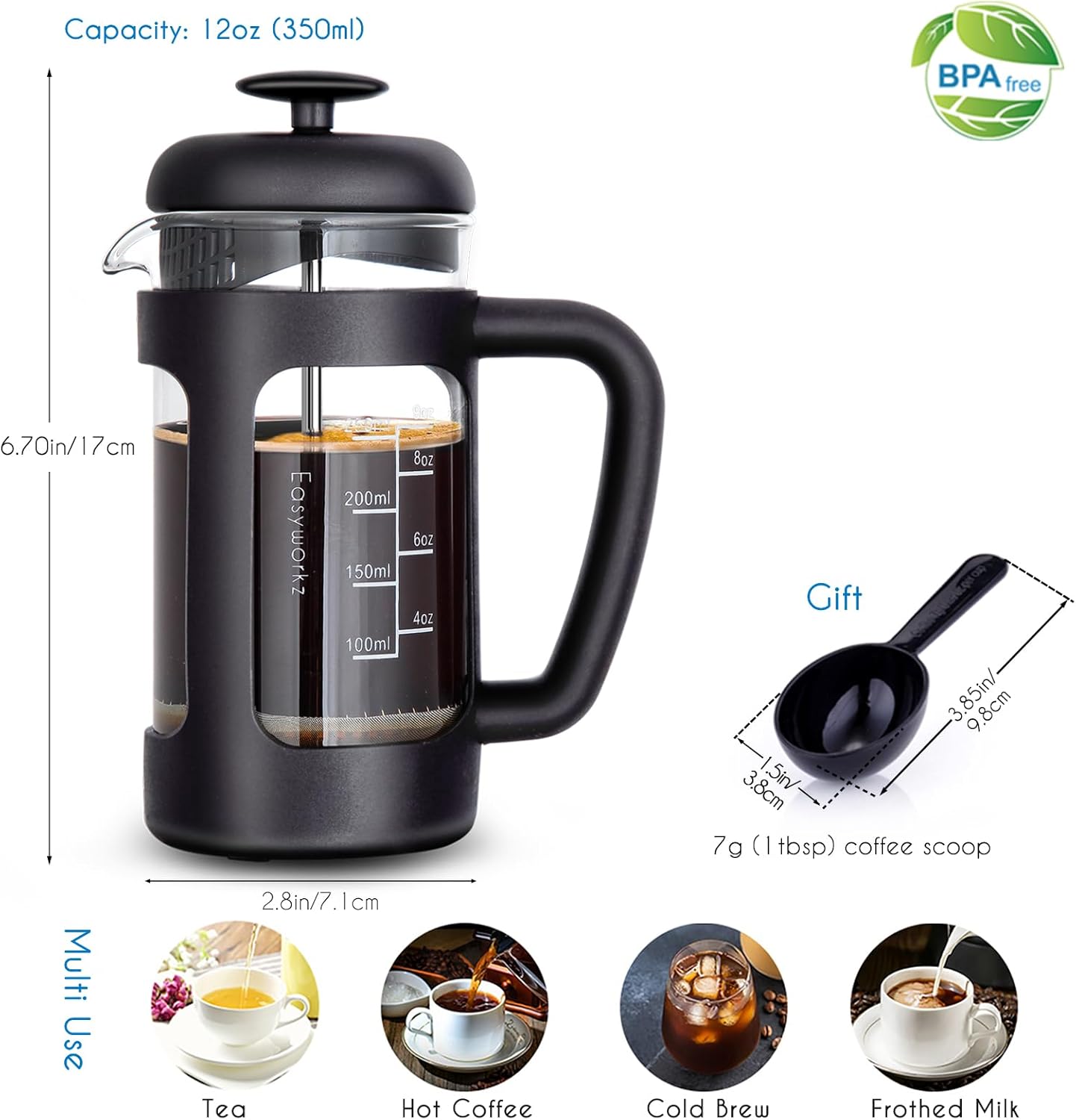 French Press 12 oz Coffee Tea Maker – with Borosilicate Glass – Soft Grip Handle - Image 2