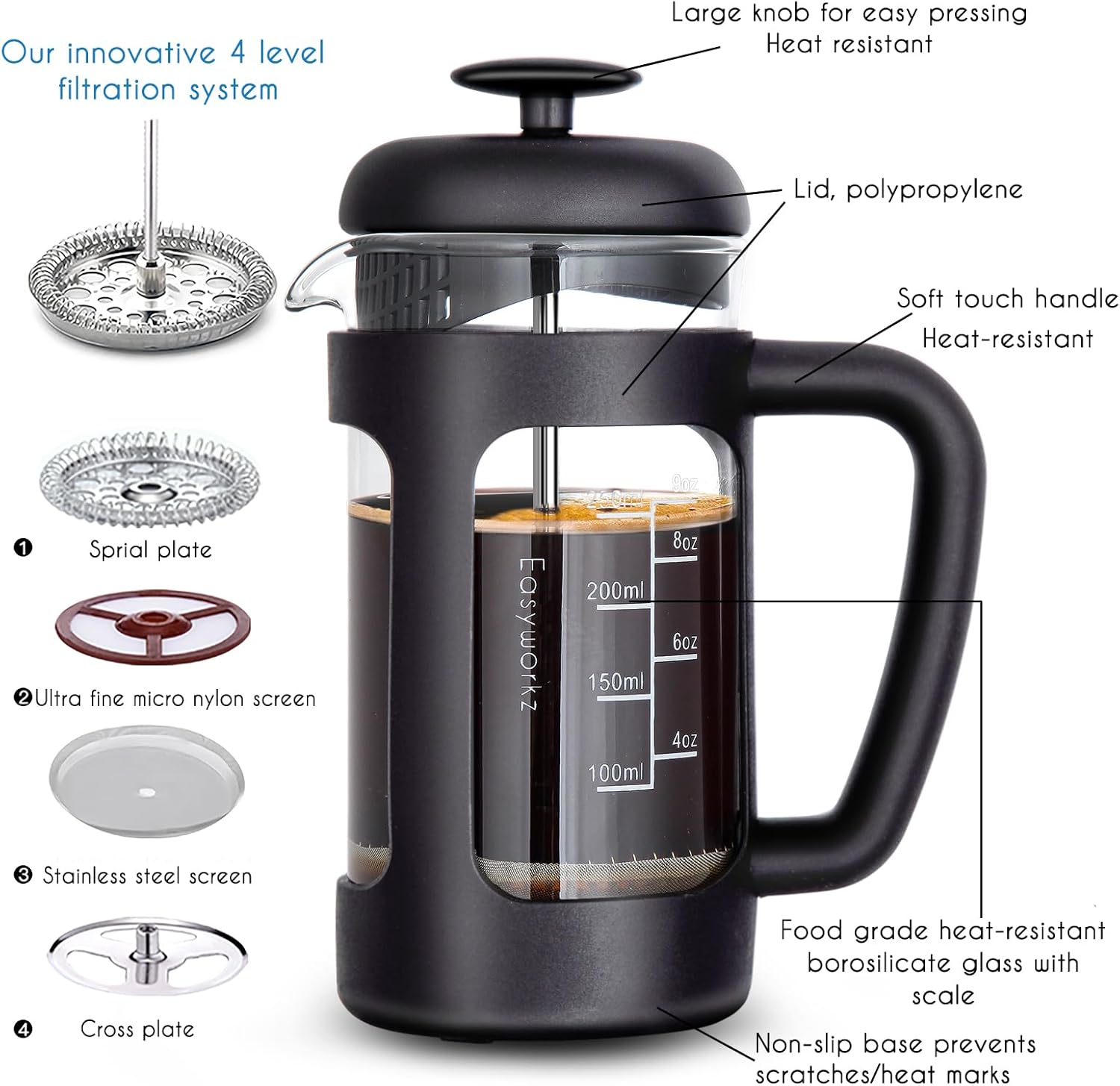 French Press 12 oz Coffee Tea Maker – with Borosilicate Glass – Soft Grip Handle - Image 3