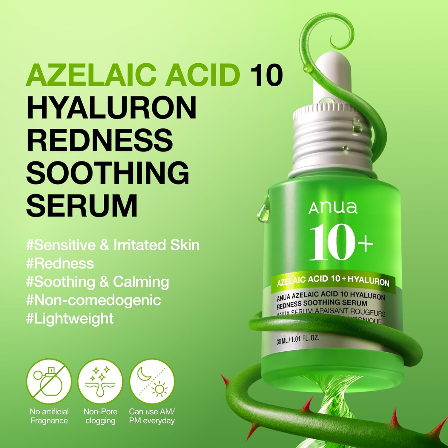 Azelaic Acid 10% + Hyaluron Redness Soothing Serum – Facial Serum for Blemish Prone & Oily Prone Skin – Lightweight & Hydrating Blemish Care with Hyaluronic Acid – Korean Skincare – 1.01 fl oz - Image 2