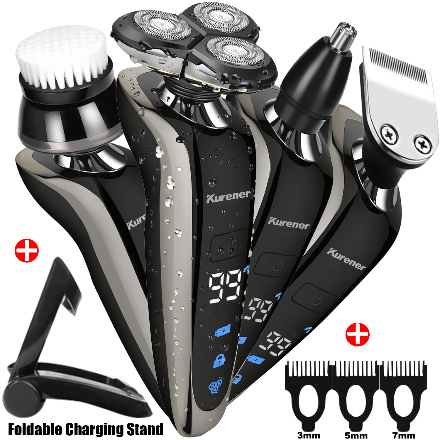 Kurener Electric Shaver Razor for Men – Rechargeable 100% Waterproof Rotary Shaver with Nose Trimmer, Sideburns Trimmer, and Face Cleaning Brush - Image 2