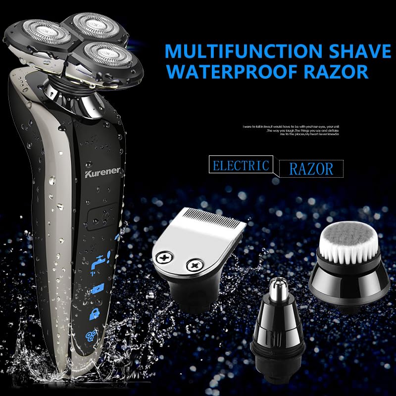 Kurener Electric Shaver Razor for Men – Rechargeable 100% Waterproof Rotary Shaver with Nose Trimmer, Sideburns Trimmer, and Face Cleaning Brush - Image 3