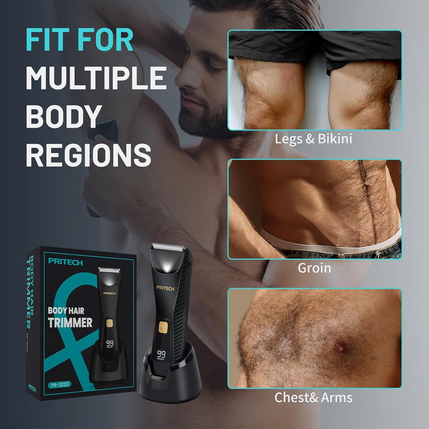 PRITECH Manscape Body Hair Trimmer – Waterproof Pubic Hair and Ball Trimmer – Ceramic Blade Shaver with USB C Charging – Wet and Dry Use – Nick Free Mens Grooming Kit – Gifts for Men - Image 5