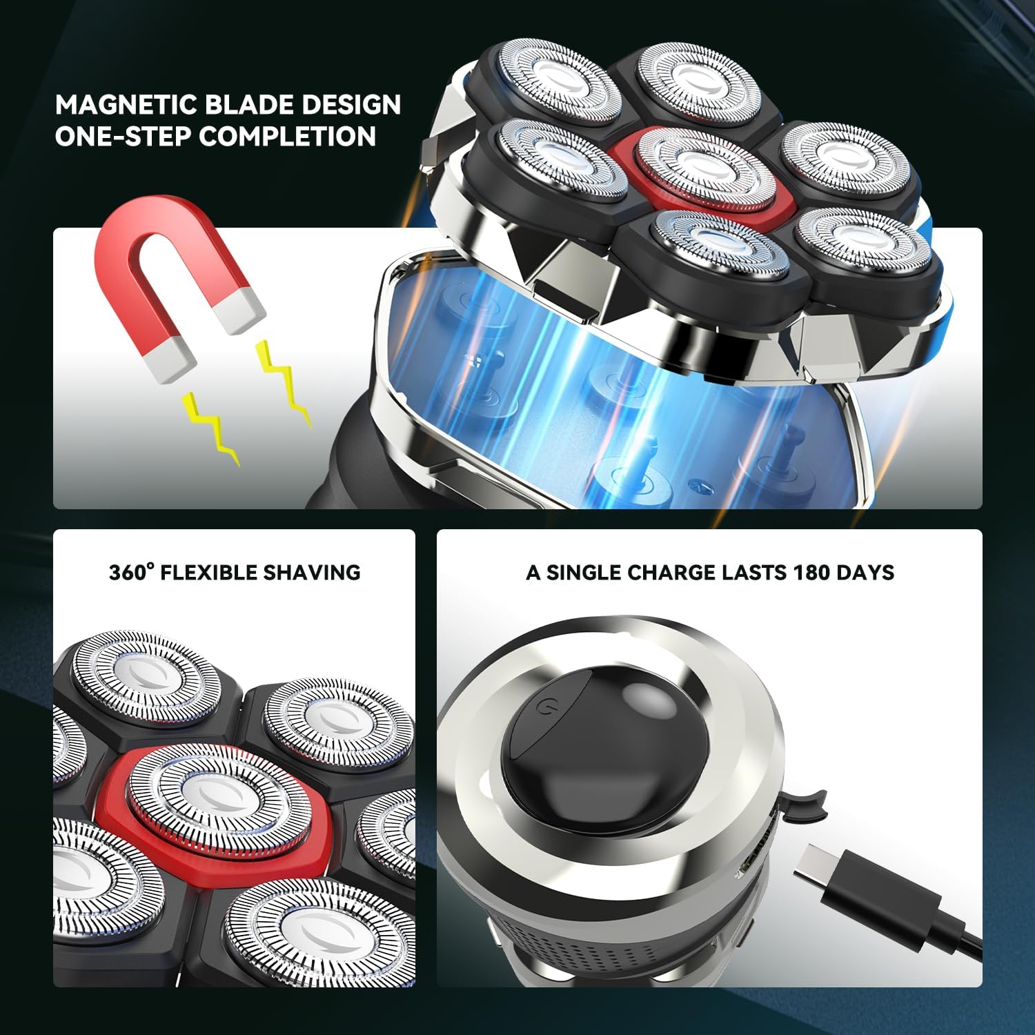 Men's Electric Rotary Shaver for Bald Head – 2026 Upgrade 7D Floating Electric Shaver with LED Display – IPX6 Waterproof – Type C Fast Charge – Magnetic Heads – Travel Case – Ideal Men's Grooming Gift - Image 2