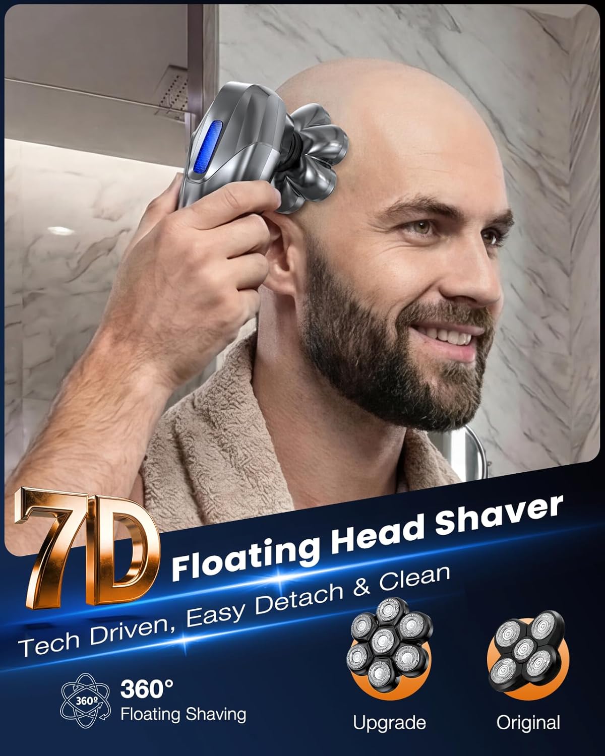Head Shavers for Bald Men – 5 in 1 Electric Shaver Grooming Kit – 7D Floating IPX7 Waterproof Rechargeable Wet Dry Razor for Skull Bald Head and Body Hair – with Massager – Gray - Image 3