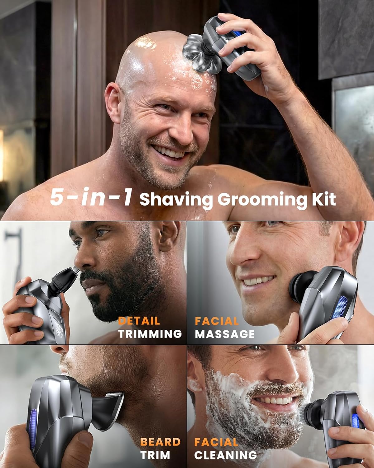 Head Shavers for Bald Men – 5 in 1 Electric Shaver Grooming Kit – 7D Floating IPX7 Waterproof Rechargeable Wet Dry Razor for Skull Bald Head and Body Hair – with Massager – Gray - Image 4