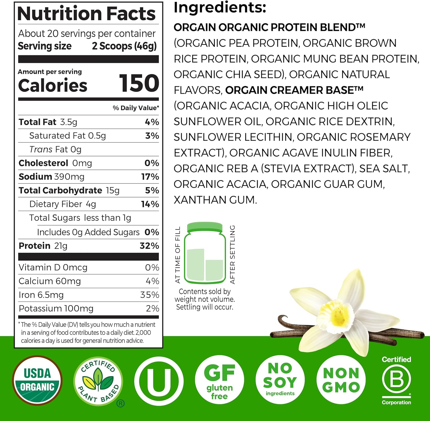 Orgain Organic Vegan Protein Powder – Vanilla Bean – 21g Plant Protein, 6g Prebiotic Fiber, No Lactose, No Added Sugar, Non GMO – For Shakes and Smoothies – 2.03 lb (Packaging May Vary) - Image 2