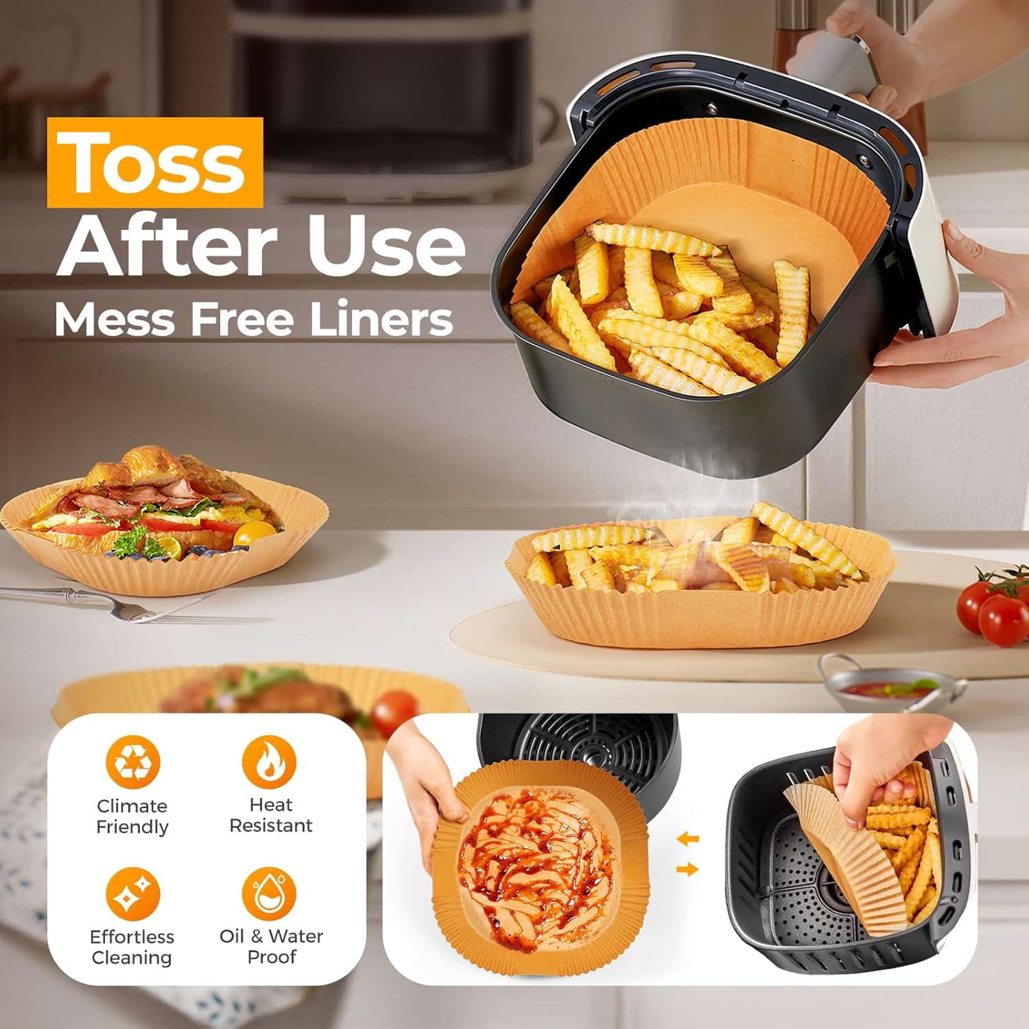 8IN Square Air Fryer Paper Liners – 125Pcs Non-Stick Parchment Paper, Bleach-Free Disposable Liners for Microwave & Air Fryer, Oil-Proof Cooking Sheets - Image 3