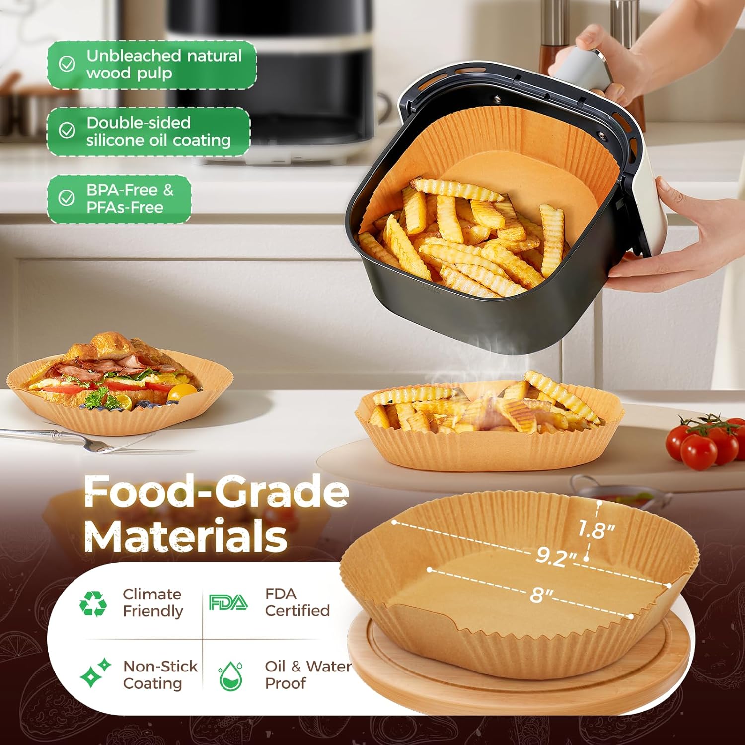 Air Fryer Liners Disposable 150Pcs 8IN Square – Food Grade Unbleached Parchment Paper, Non-Stick Waterproof Oilproof for 5-8 QT Airfryer Basket, Baking, Roasting, Microwave & Oven - Image 2