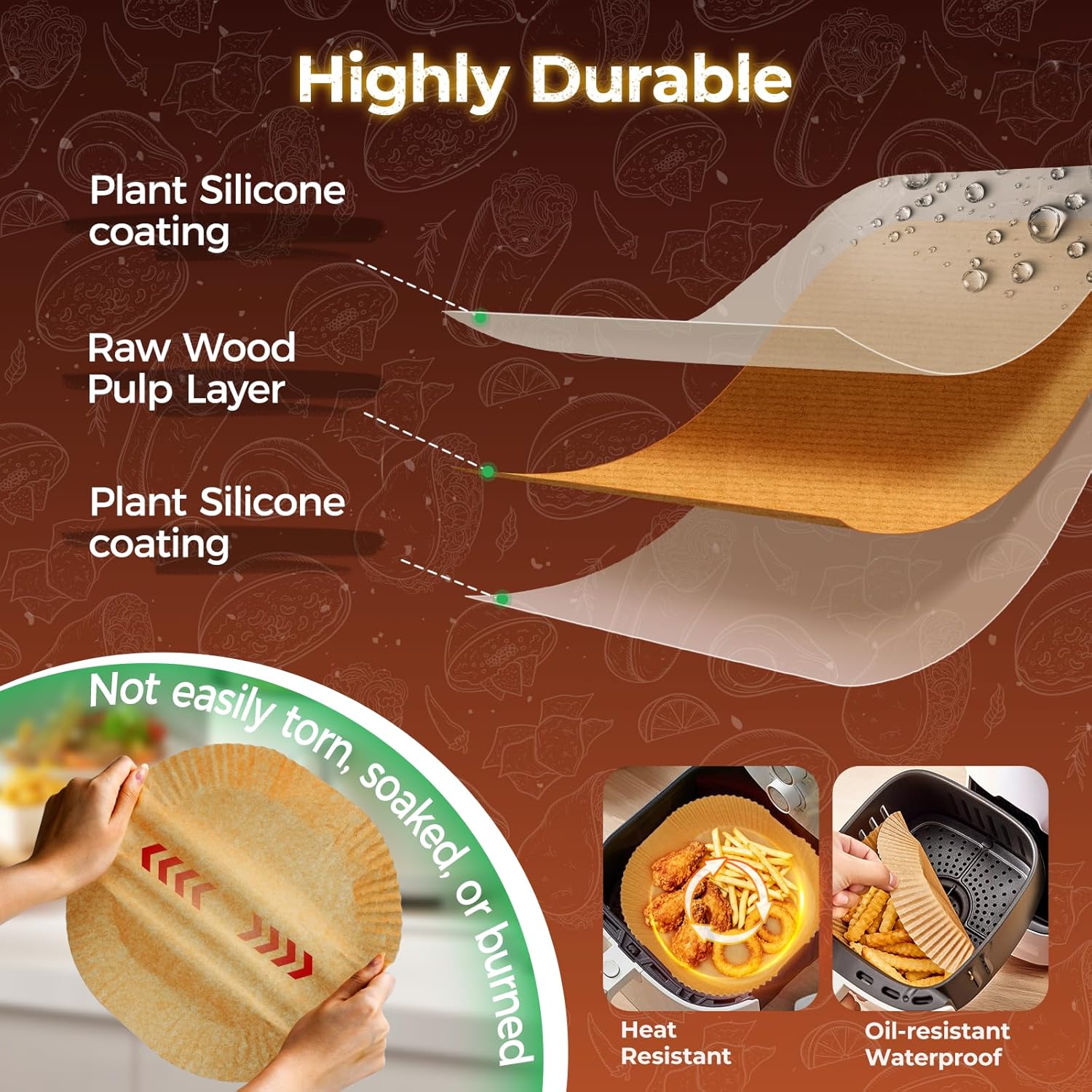 Air Fryer Liners Disposable 150Pcs 8IN Square – Food Grade Unbleached Parchment Paper, Non-Stick Waterproof Oilproof for 5-8 QT Airfryer Basket, Baking, Roasting, Microwave & Oven - Image 3
