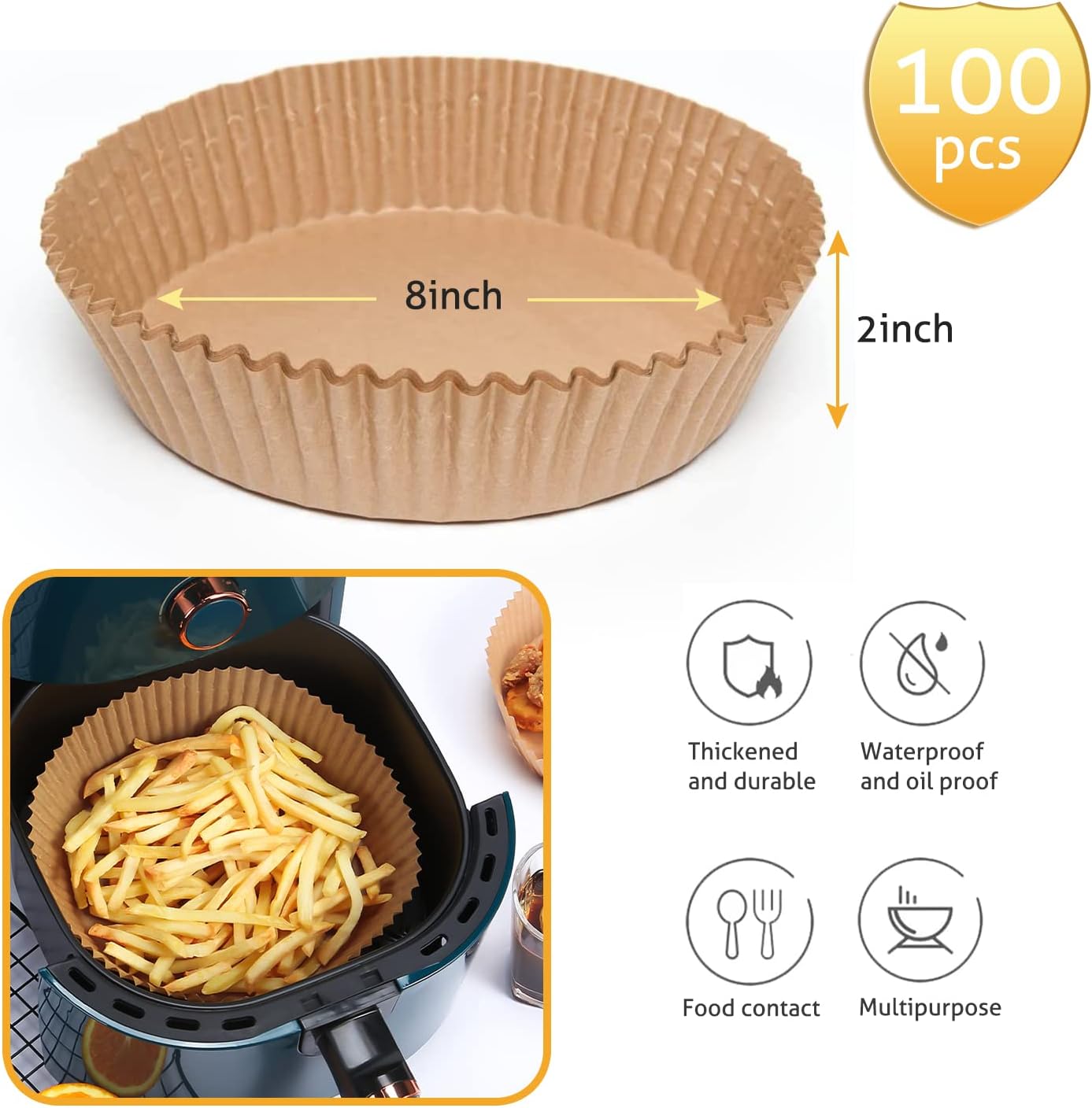 Ailun Air Fryer Paper Liners 8inch, 100PCS Non-Stick Parchment Paper, Oil Resistant Disposable Food Grade Free of Bleach Paper Round for 5-8 QT Air Fryer Baking Roasting Microwave - Image 2