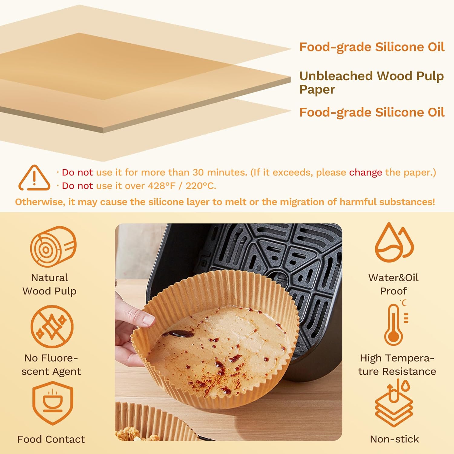 Air Fryer Liners Round, 100PCS 6.3 Inch Disposable Liner for Air Fryer 2Qt to 5Qt, Unbleached Non-Stick Non-Leak Small Airfryer Liner Parchment Paper - Image 3