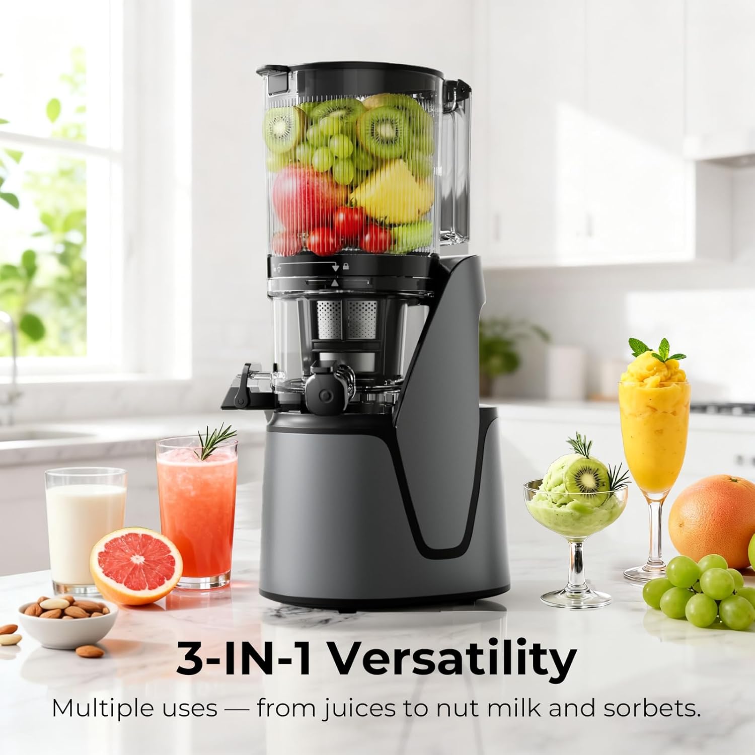 EanOruus Juicer Machines, 3-in-1 Cold Press Juicer with 6.5" Extra Large Chute, 100oz Large Capacity, AC Motor, Makes Juice, Nut Milk & Sorbet, Premium Gray - Image 2
