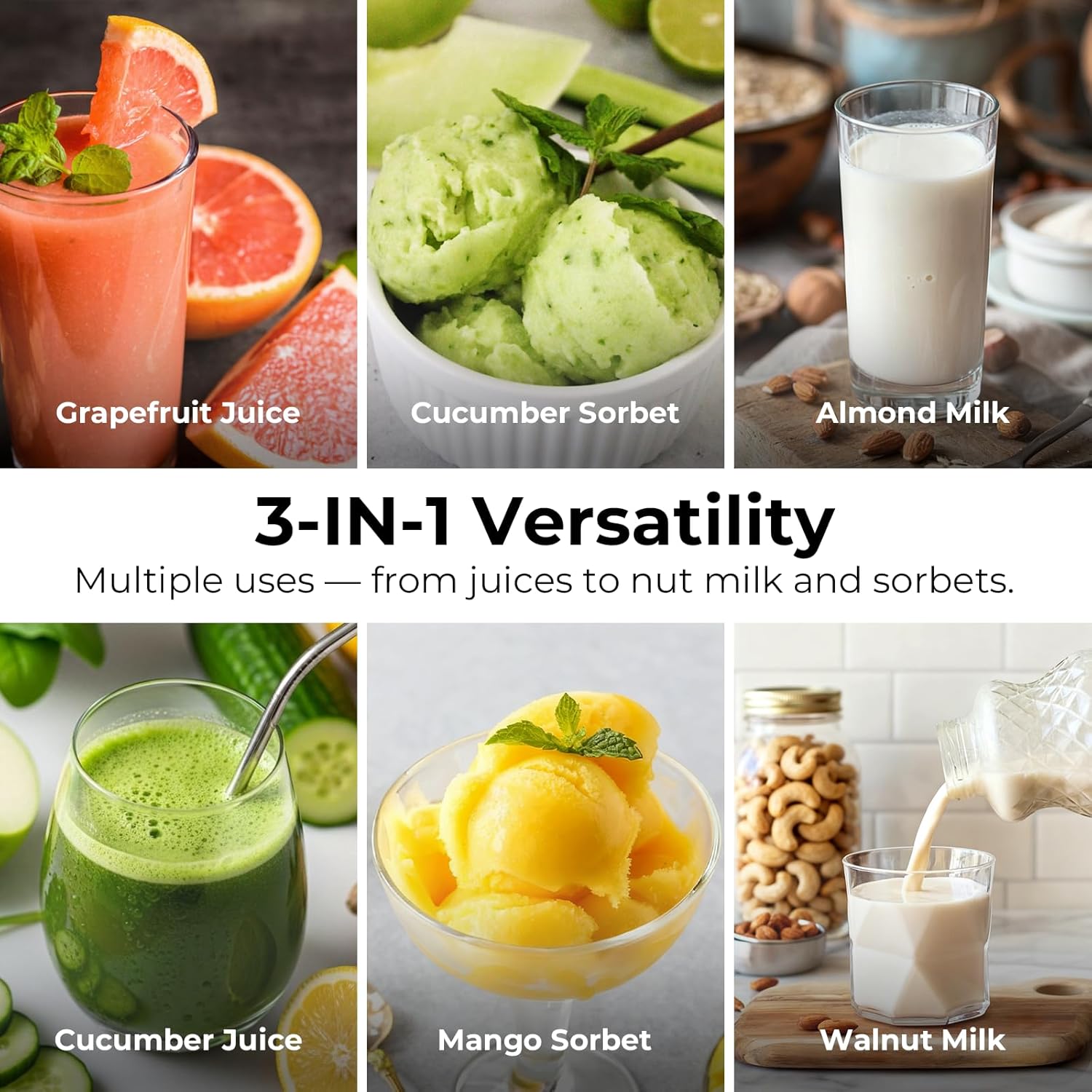EanOruus Juicer Machines, 3-in-1 Cold Press Juicer with 6.5" Extra Large Chute, 100oz Large Capacity, AC Motor, Makes Juice, Nut Milk & Sorbet, Premium Gray - Image 3