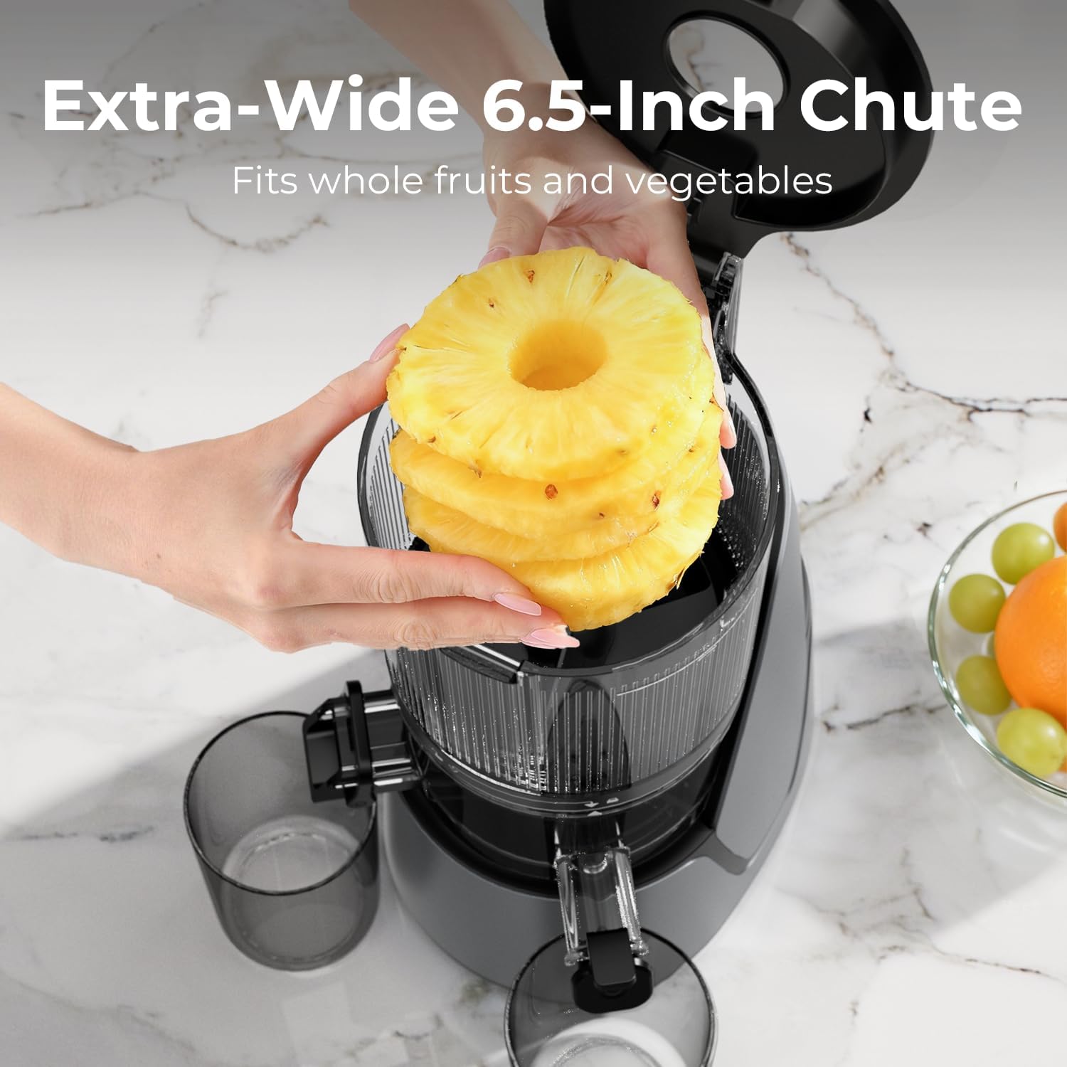 EanOruus Juicer Machines, 3-in-1 Cold Press Juicer with 6.5" Extra Large Chute, 100oz Large Capacity, AC Motor, Makes Juice, Nut Milk & Sorbet, Premium Gray - Image 4