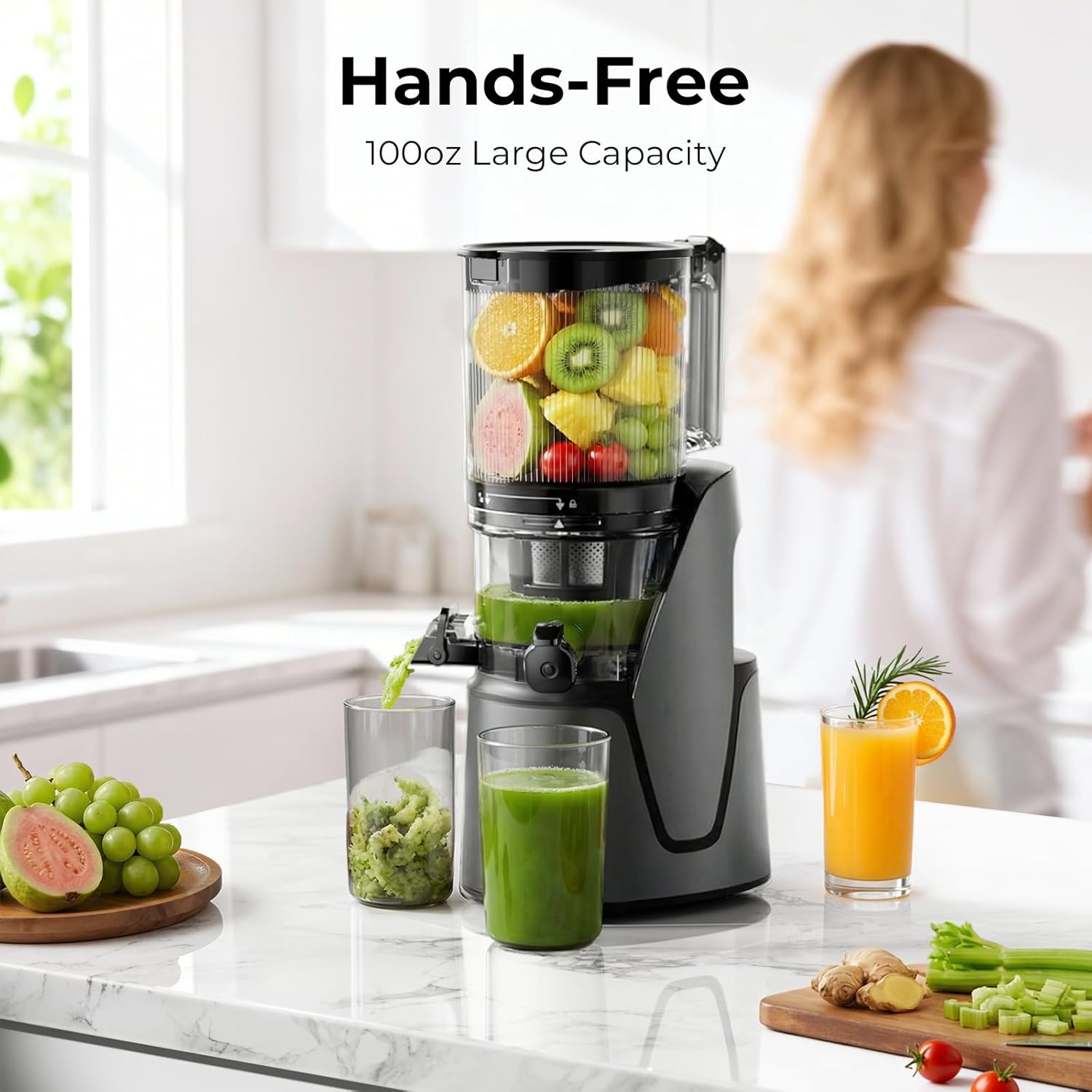 EanOruus Juicer Machines, 3-in-1 Cold Press Juicer with 6.5" Extra Large Chute, 100oz Large Capacity, AC Motor, Makes Juice, Nut Milk & Sorbet, Premium Gray - Image 5