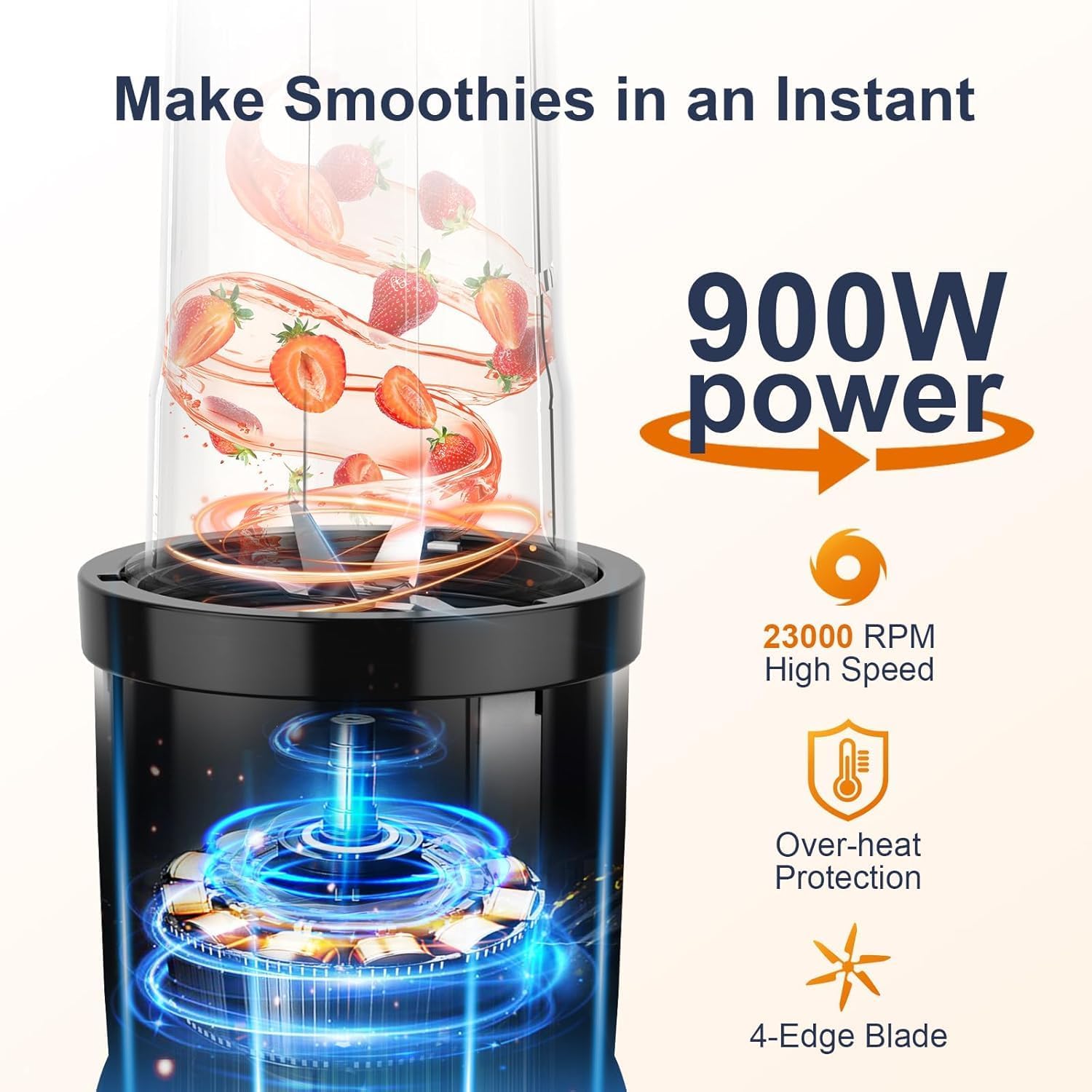 KOIOS Smoothie Blender, 900W Personal Blender for Shakes and Smoothies for Kitchen with 2 Portable Cups 22oz, Single Serve Smoothies Maker Mixer for Juices, Nutritious Recipe, Grey Blue - Image 2