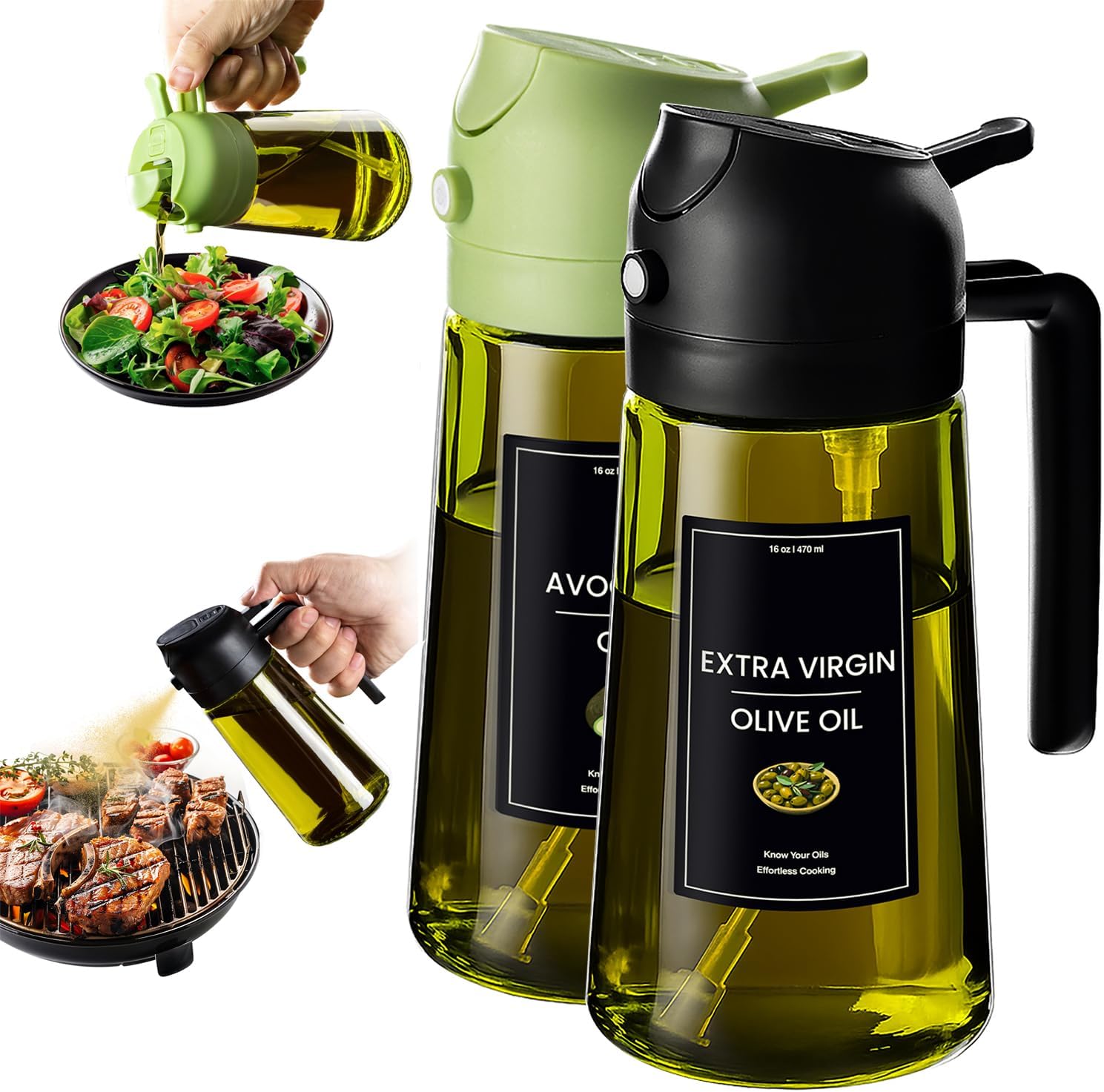 16oz Olive Oil Dispenser with Stickers – 2 in 1 Sprayer for Cooking, Air Fryer & Salad – Black&Green Light-Proof Kitchen Gadget - Buy Online at SimraCart