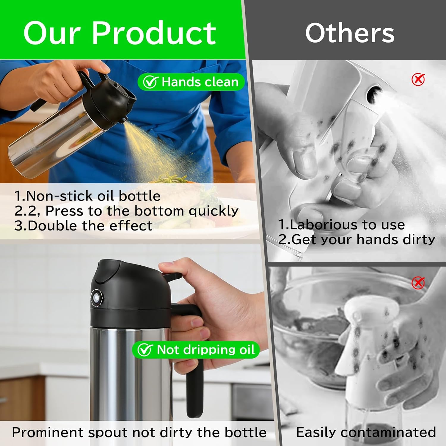 2-in-1 Oil Dispenser and Oil Sprayer – 16oz/470ml Stainless Steel Olive Oil Sprayer Bottle for Kitchen Cooking, Air Fryer, BBQ, Salad, Baking - Image 6