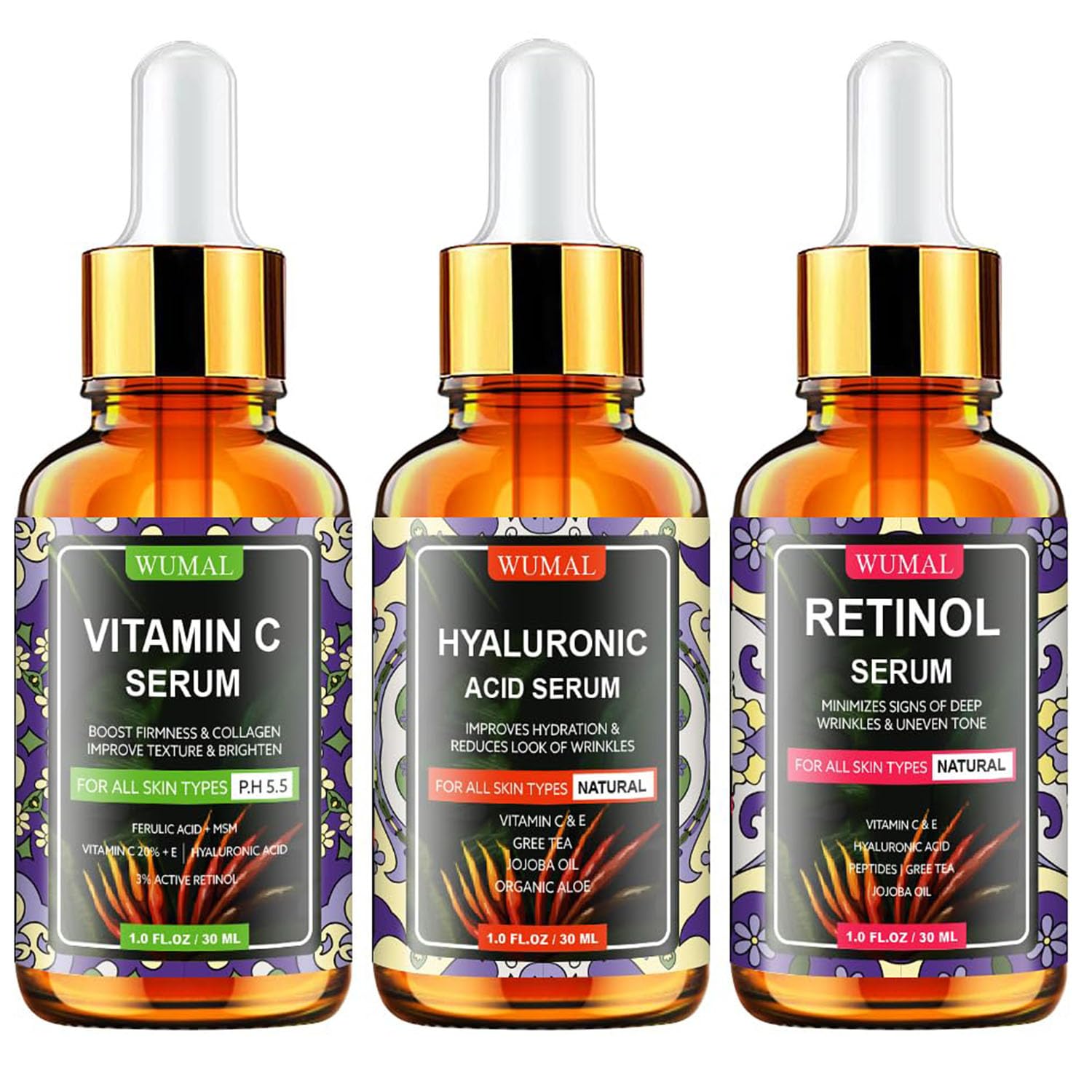 3 Pack Face Serum Set – Vitamin C, Retinol & Hyaluronic Acid | Firming, Brightening & Hydrating Skincare – Day & Night Reset