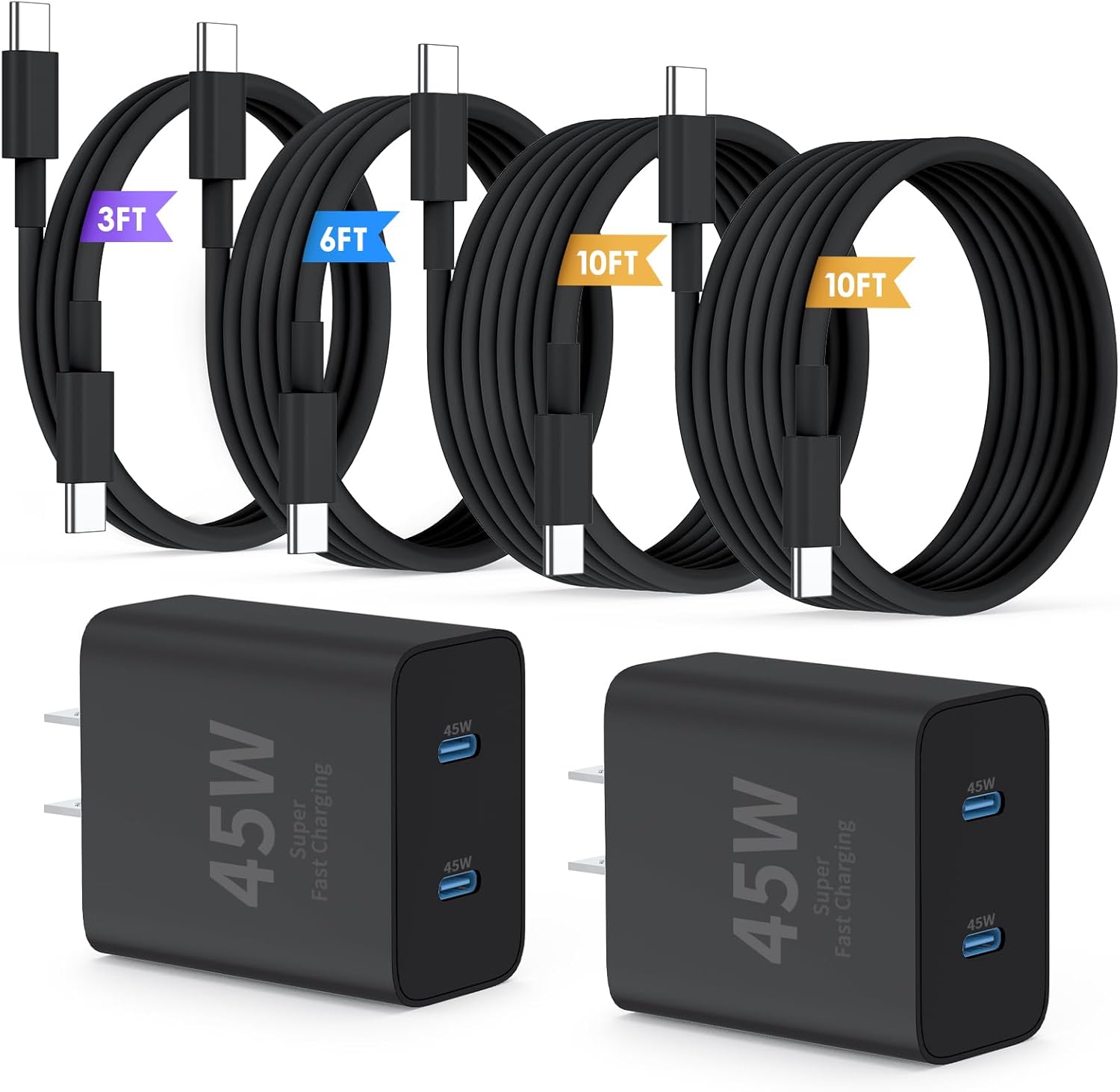Super Fast Samsung Charger Type C, 45W Dual Port USB C Fast Charger Block [2-Pack] & Extra Long 60W 3/6/10/10FT USB C Cable - PD Quick Charging 3.0 For Samsung Galaxy S25 Ultra/S24+/S23 iPhone 16 - Buy Online at SimraCart