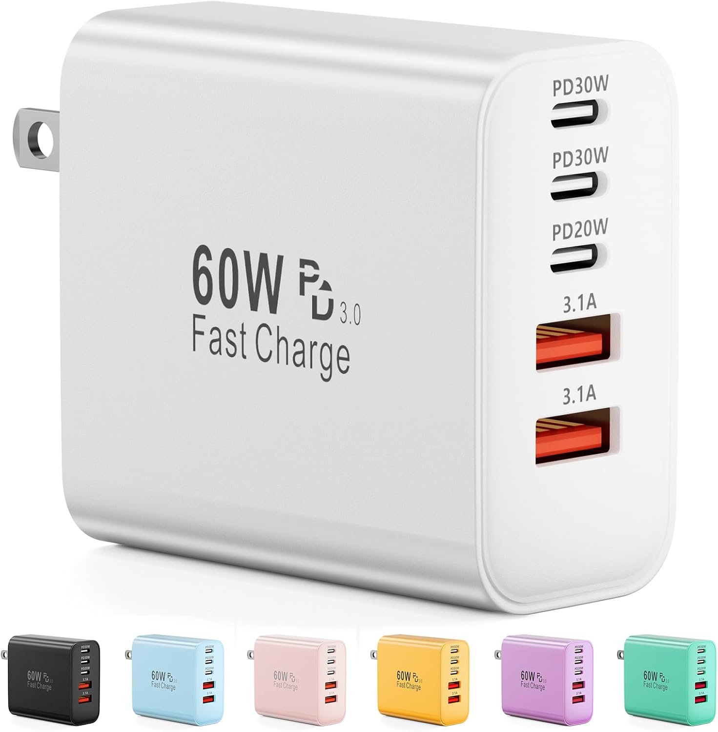 USB C Charger Block, 60W 5-Port Type C Fast Charging Block, USBC USB Multiple Port Wall Charger Plug Adapter for iPhone 17/Air/16/15/14/13/12/11 Pro Max, Samsung Galaxy, iPad, Tablet (White) - Buy Online at SimraCart