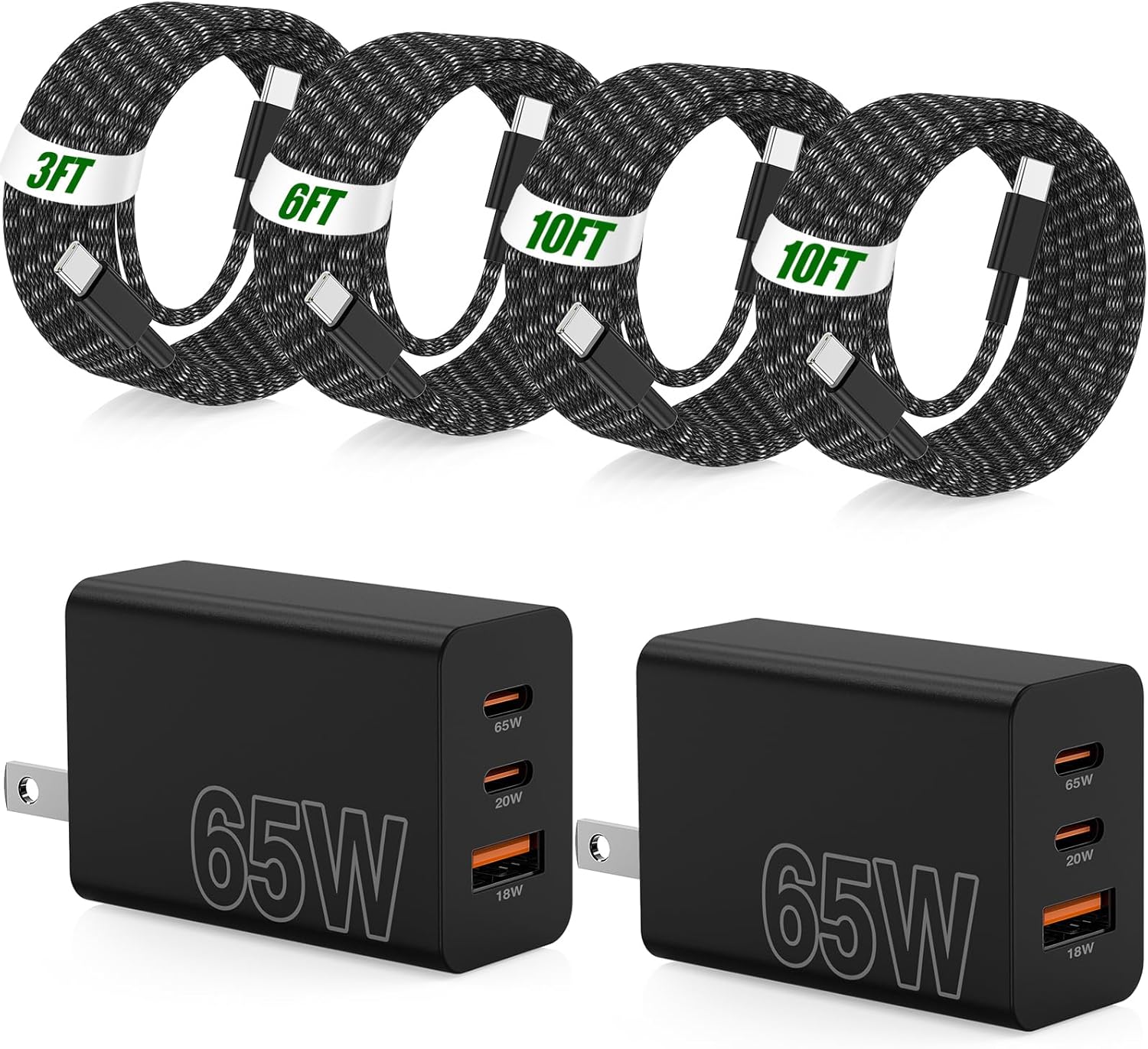 65W Super Fast Charger Type C for Samsung, 3 Port 100W PD Quick Charging 3.0 USB C Block & 3/6/10/10FT Braided Type C Cord for Samsung Galaxy S26 Ultra/S26/S25 Ultra/iPhone 17 Pro/MacBook Pro/Air - Buy Online at SimraCart