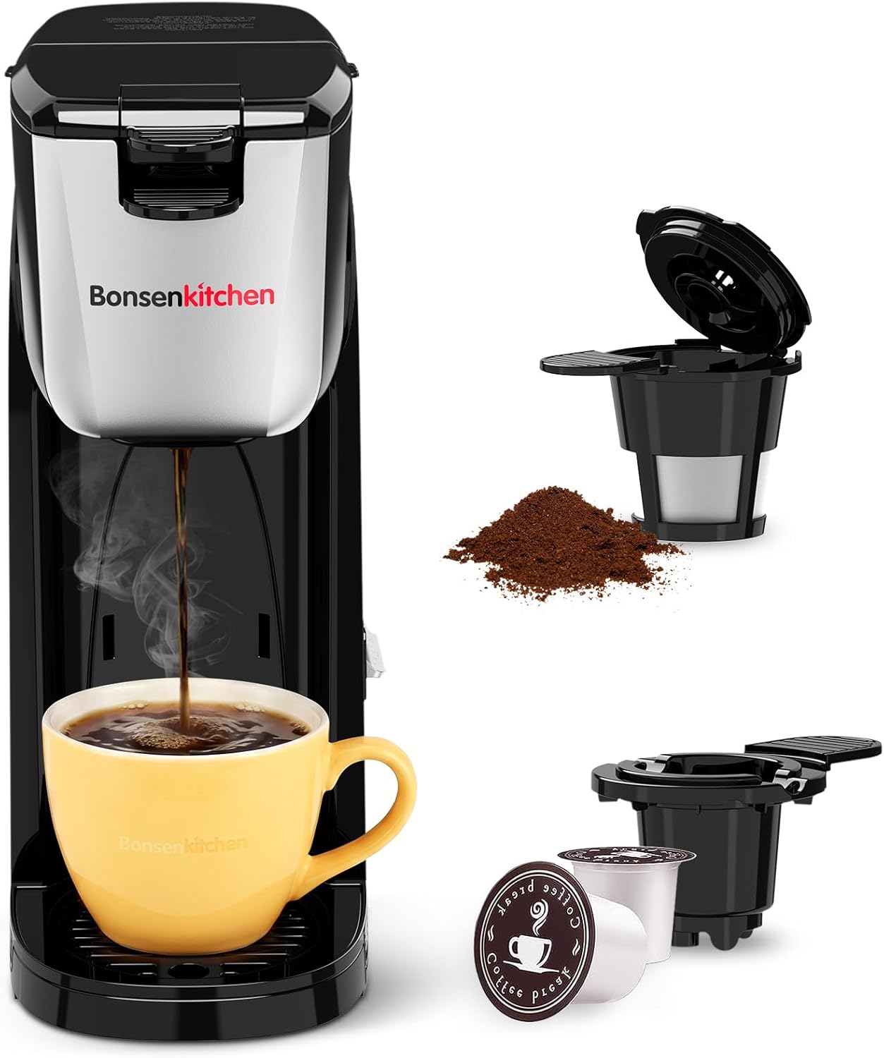 2-in-1 Single Serve Coffee Maker for K Cup & Ground Coffee, Fast Brewing (6-14 oz), One Cup Coffee Machine with Travel Mug, Space-Saving for Home, Office, Dorm - Black - Buy Online at SimraCart