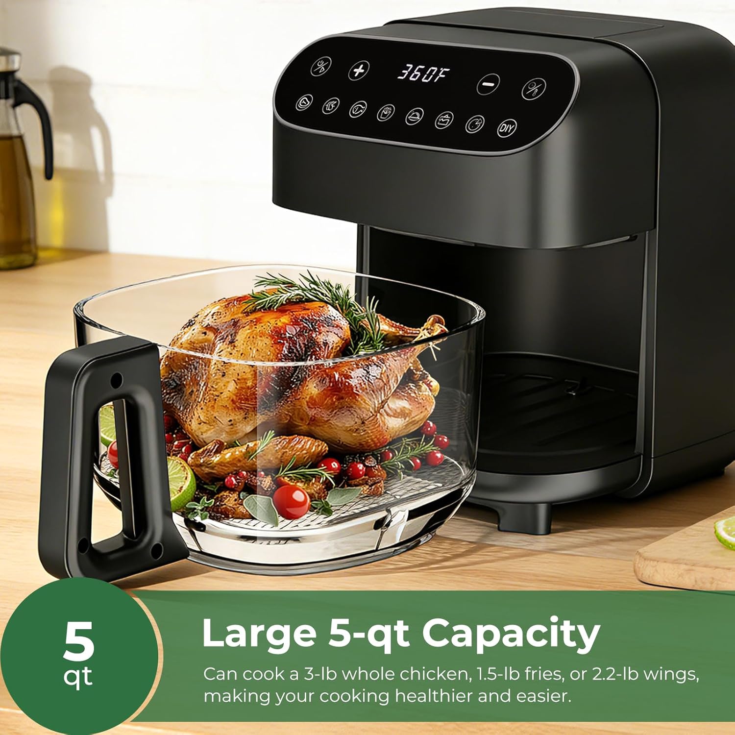 5QT Glass Air Fryer, Portable Air Fryer with Digital Touch Control, 8 Preset Modes, 60-Minute Timer, Dishwasher Safe Basket, Up to 400°F, 360° View Cooking, for Healthy Meals with 95% Less Oil - Image 3