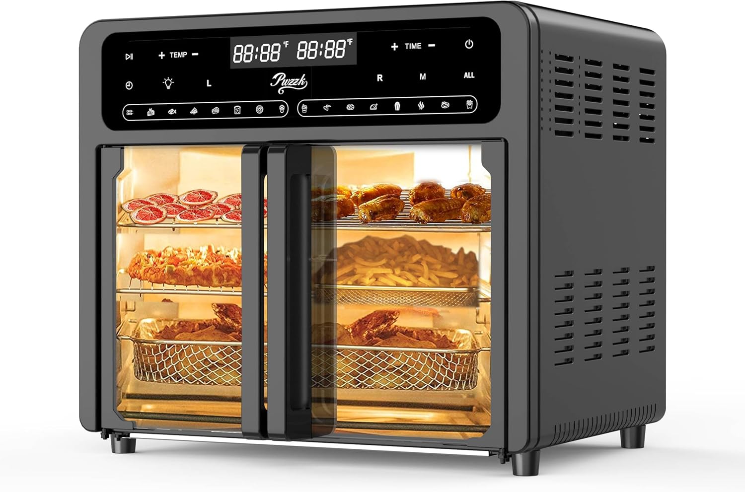 Pwzzk 25.4QT Dual Zone Air Fryer Toaster Oven Combo, French Door Glass, XL Capacity, 100-430°F Temperature Range, 16 Preset Functions, LED Display, Dual Fan, 360° Heat Circulation, Rotisserie, Bake, Toast, Dehydrate - Buy Online at SimraCart